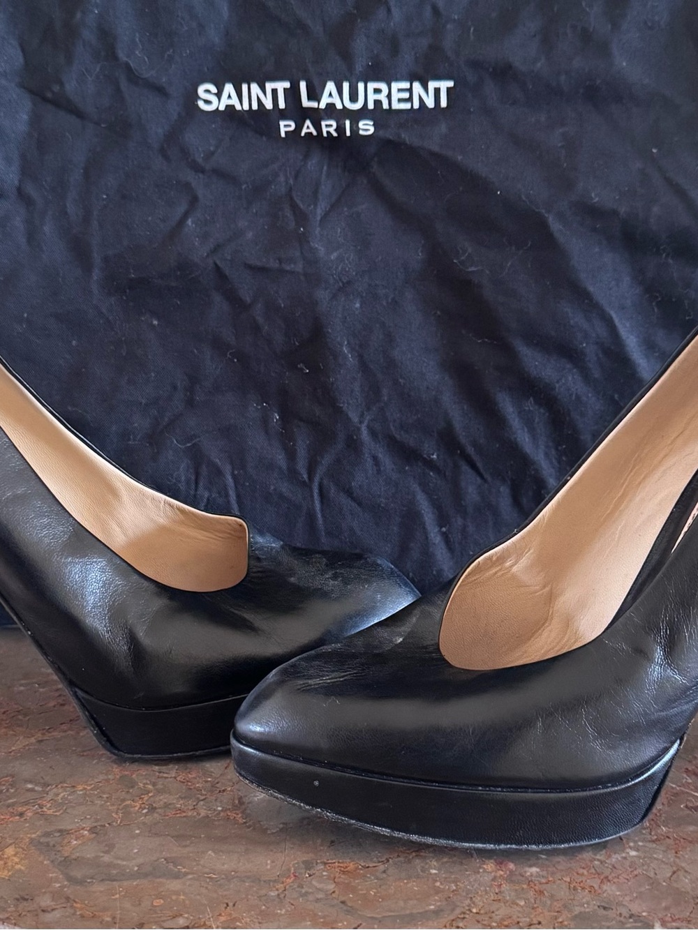 Iconic Yves Saint Laurent Black Platform Pumps Designer Heels Size 38.5 YSL